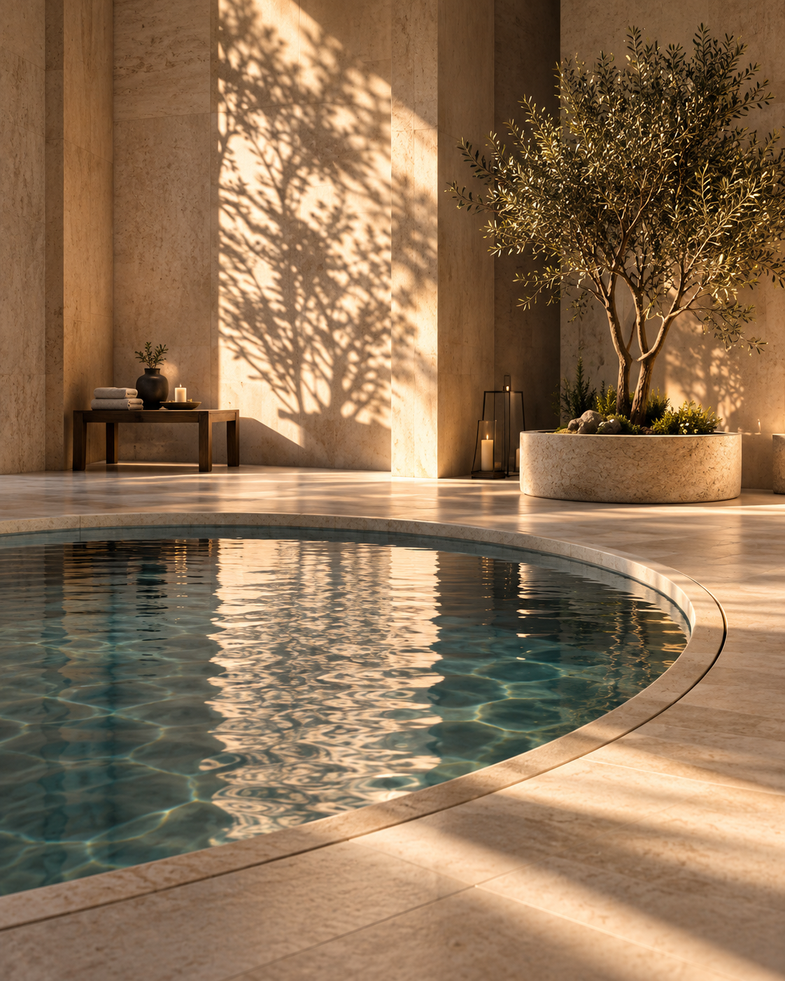 Indoor pool area with a large potted olive tree, lounge chair, towels, candles, and shadows of the tree cast on the wall.