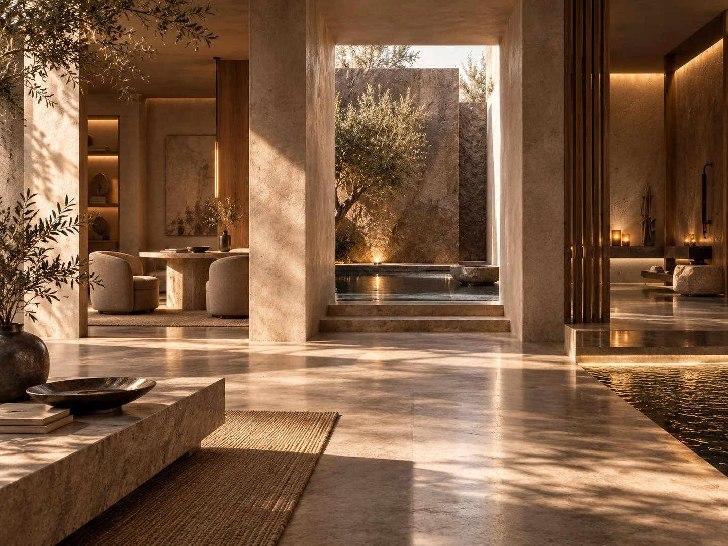 Modern interior with neutral tones, featuring a sitting area, dining space, and outdoor water feature, illuminated by warm lighting during daytime.