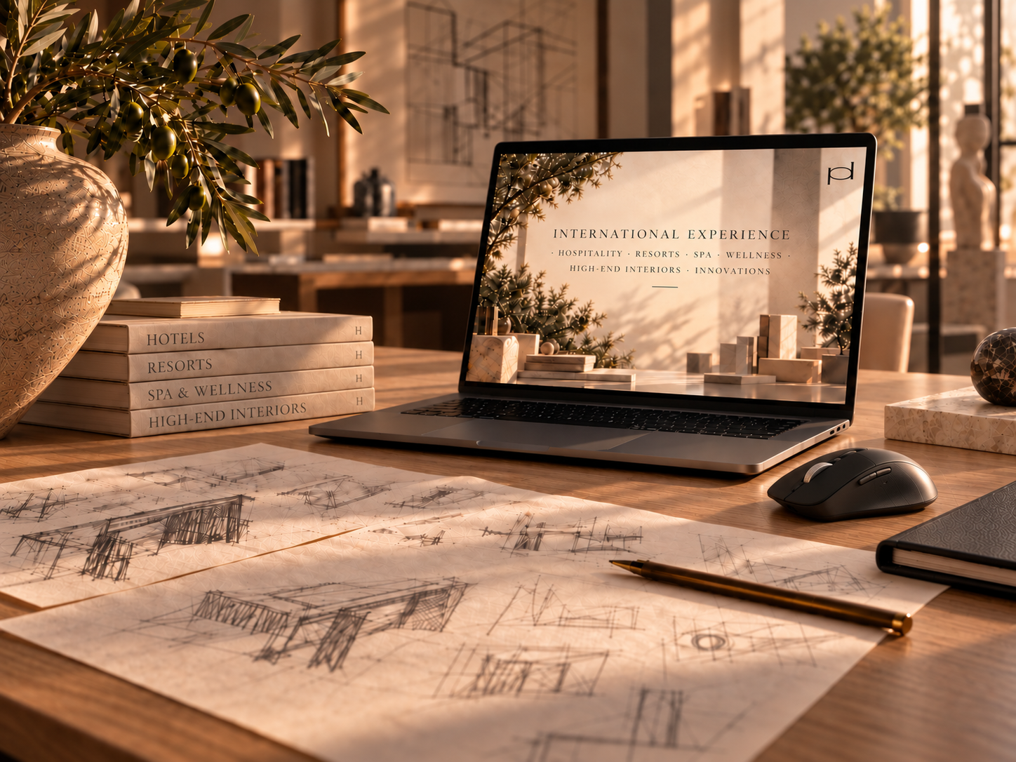 A desk with architectural blueprints, a laptop displaying an interior design presentation, books titled hotels, resorts, spa & wellness, high-end interiors, a pen, a digital drawing tablet, a computer mouse, and decorative items including a large vase with greenery and a stack of books about hospitality and design.