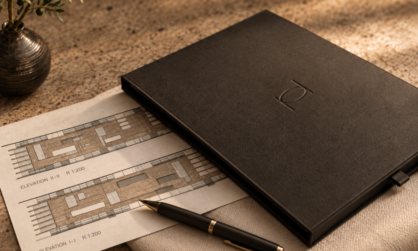 Architectural plans with a black portfolio, pen, and plant on a textured surface.