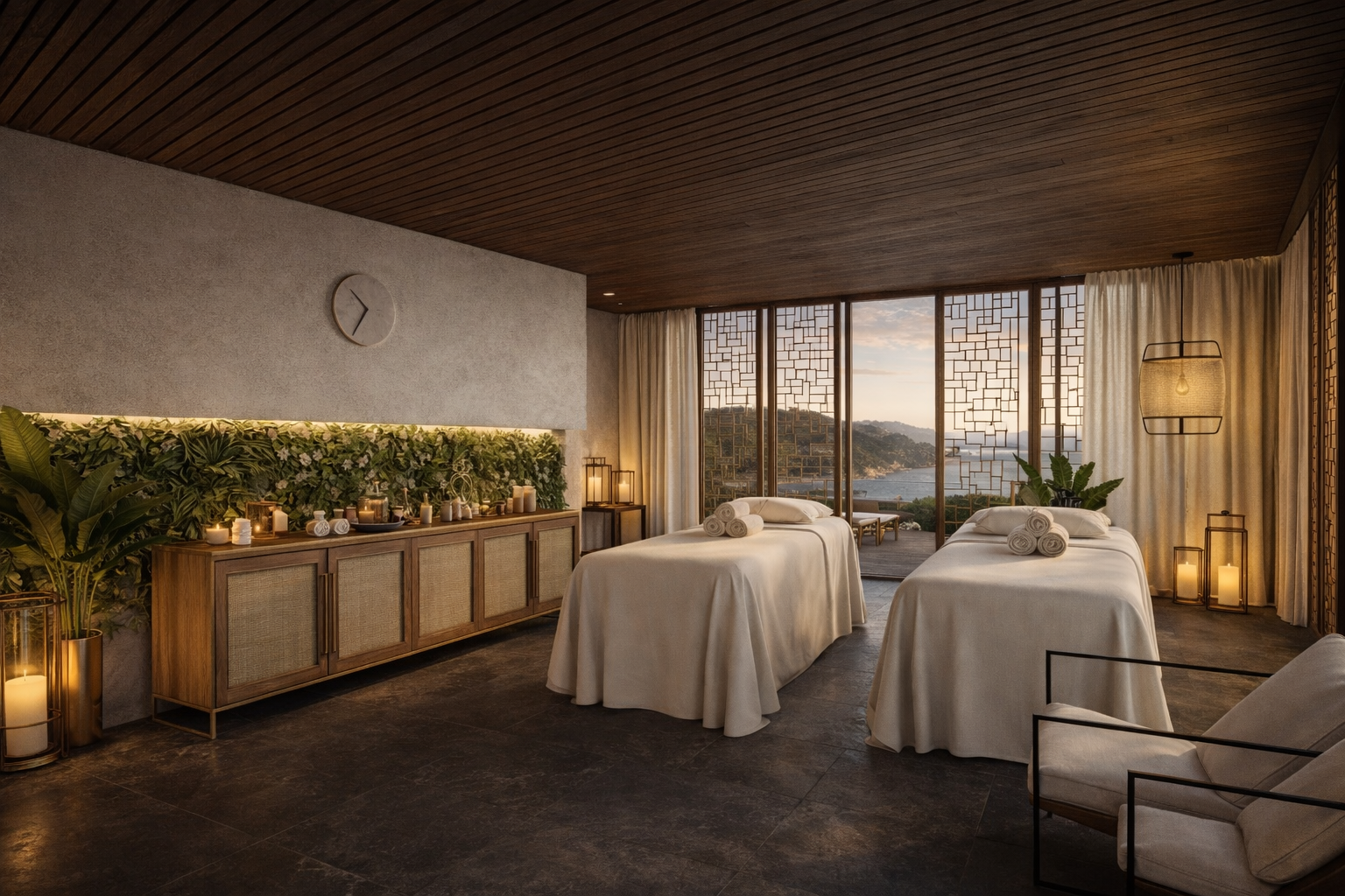 Spa room with two massage beds covered in white sheets, surrounded by candles, plants, and lanterns, with a large window showing a scenic view of mountains and water.
