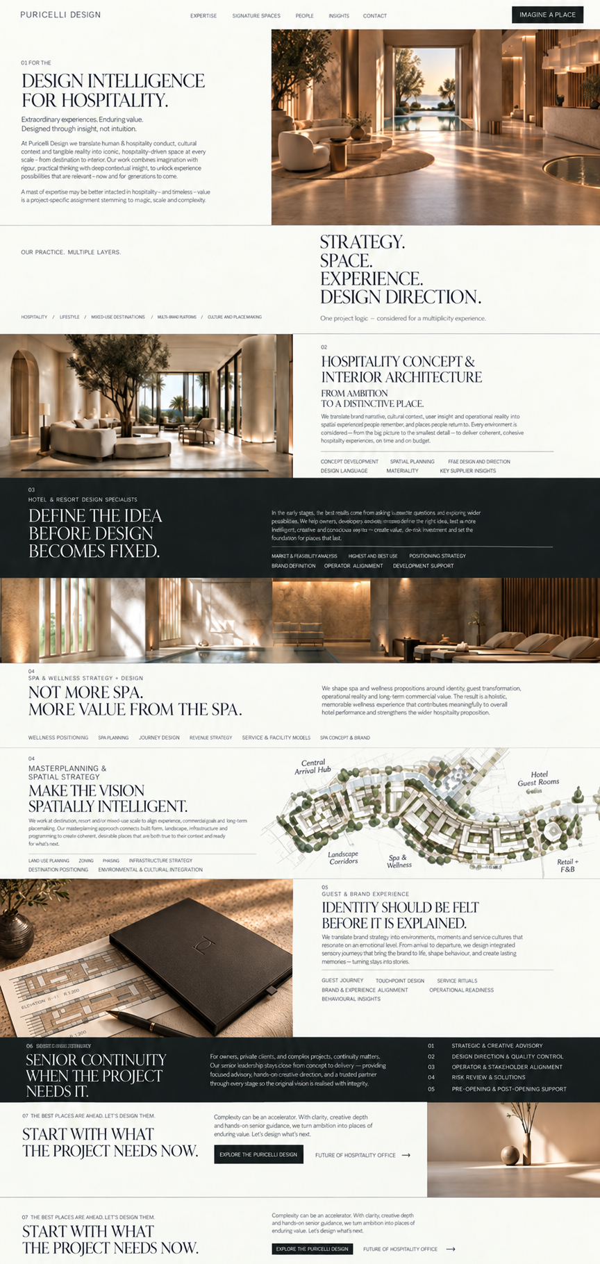 A webpage showcasing luxury hospitality design, featuring elegant interior spaces, design strategies, conceptual development, spa and wellness architecture, spatial planning, and project insights with images of modern, sophisticated interiors and layout plans.