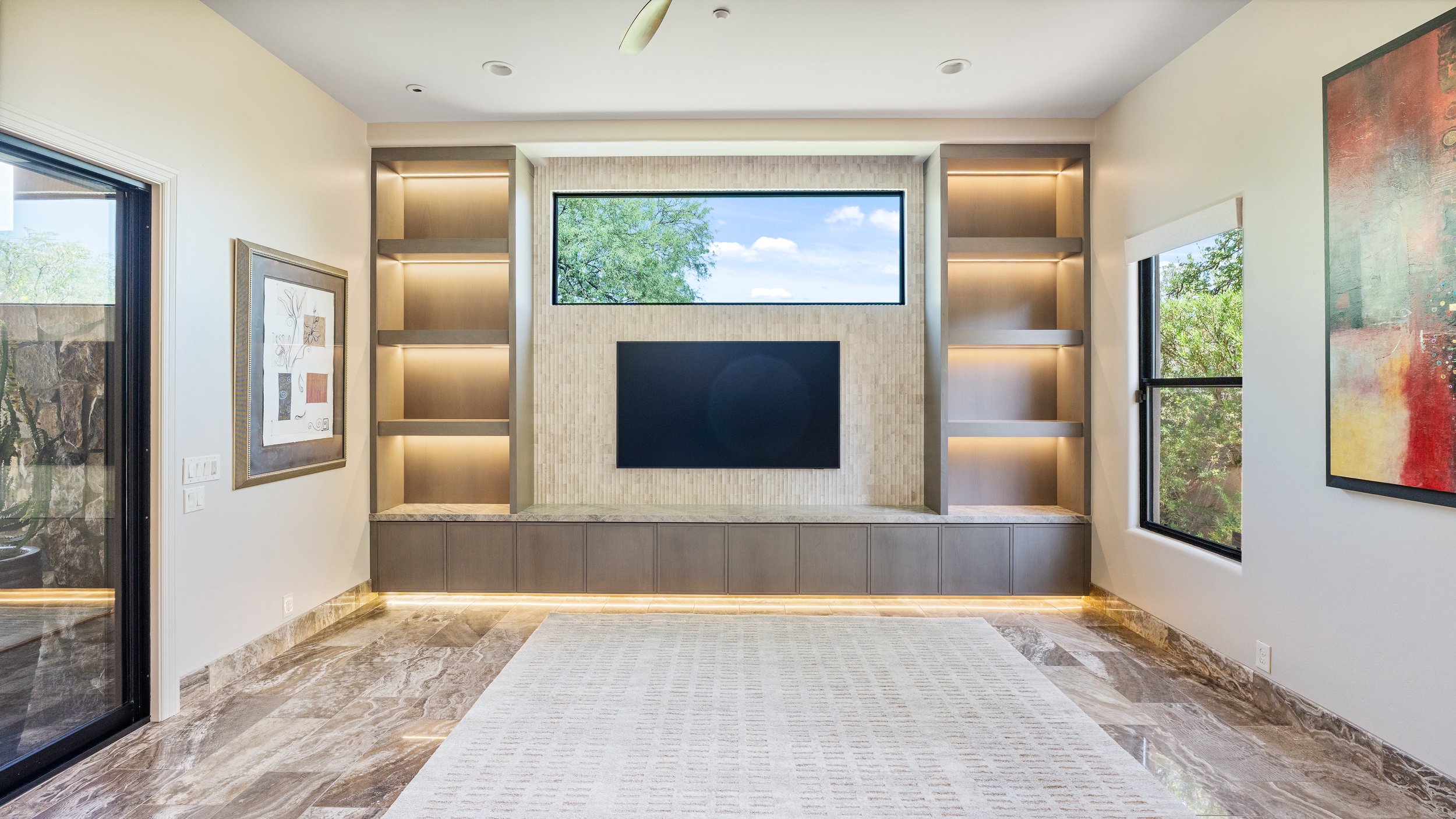 New modern home entertainment with built in and stone elements