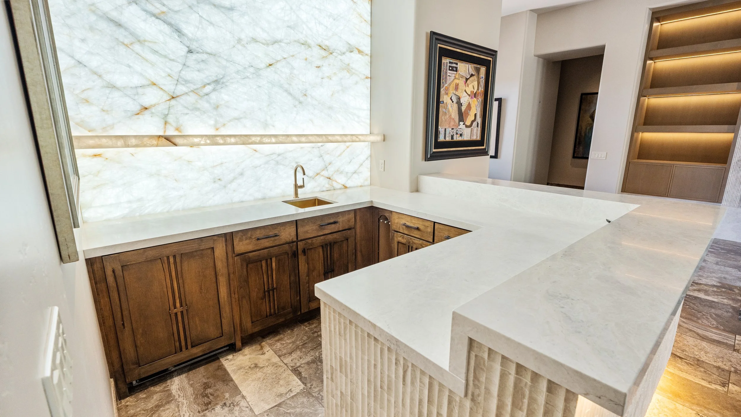 Beautiful remodel for home bar, modern interior touches with natural stone