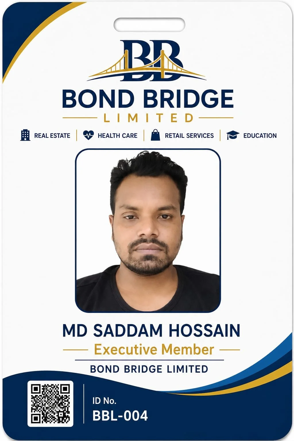 Identification card for MD SADDAM HOSSAIN, an executive member of Bond Bridge Limited, featuring his photograph, company logo, and QR code.