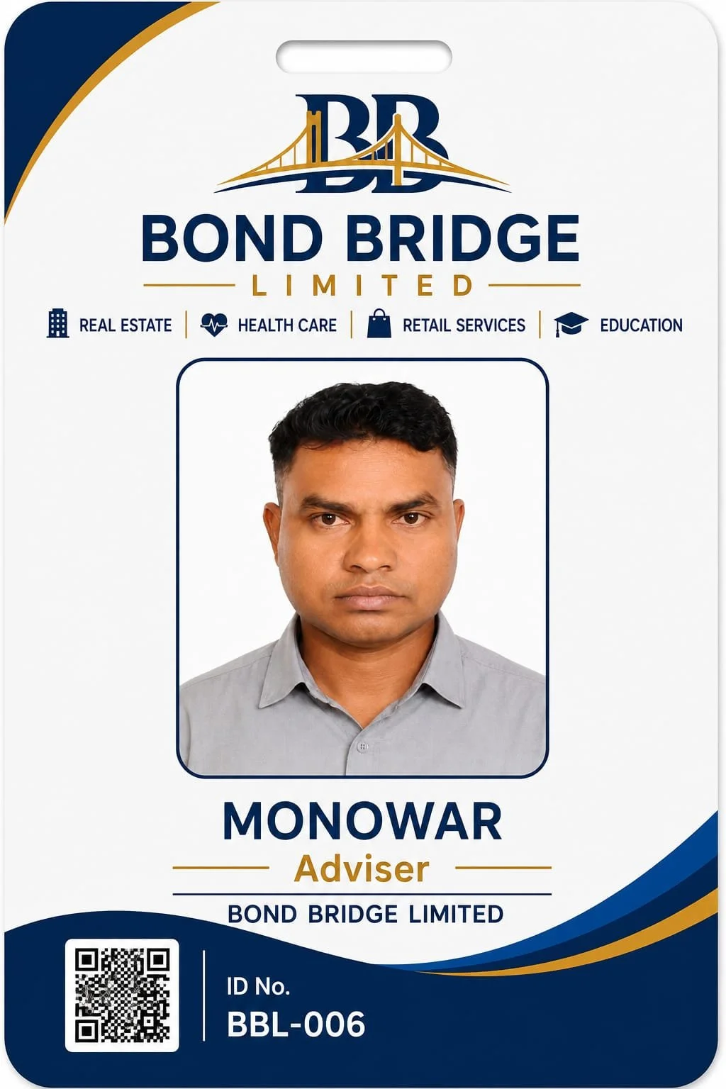 Identical ID badges of a professional man with short black hair and a grey shirt, with the company logo, name, and position, titled 'Monowar, Adviser' for Bond Bridge Limited.