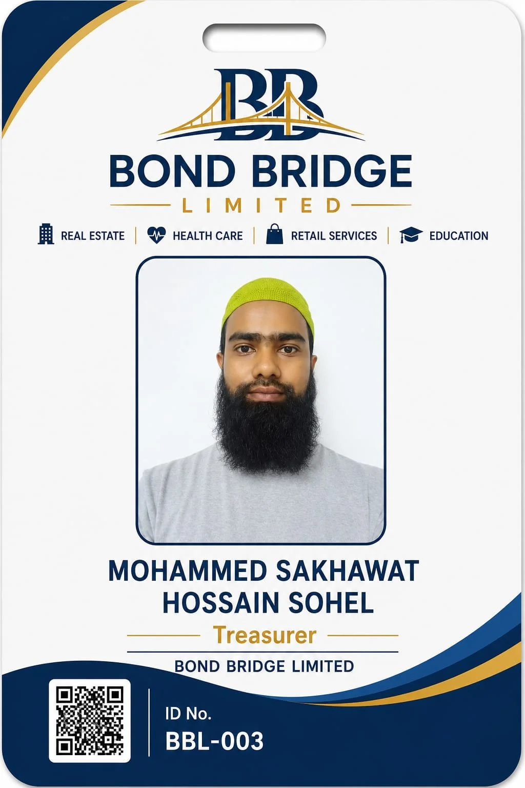 ID badge for Mohamed Sakhawat Hossain Sohel, Treasurer at Bond Bridge Limited, featuring a photo of a man with a beard wearing a green cap and a gray shirt, with company logo and services listed.