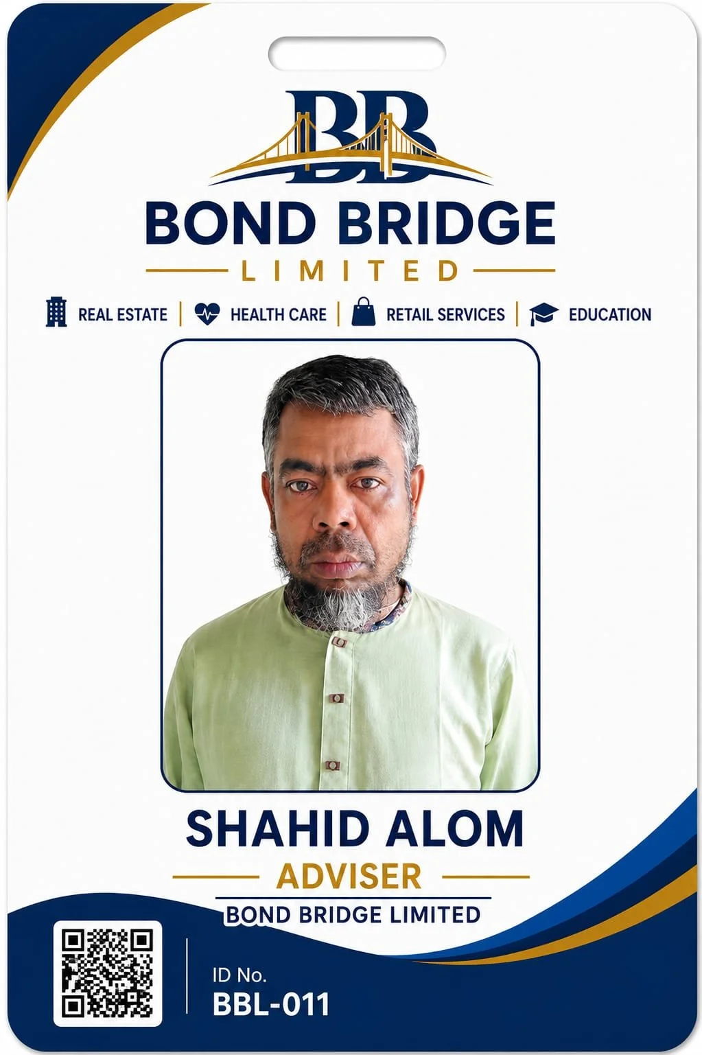 A company ID badge for Bond Bridge Limited featuring a portrait of Shahid Alom, an adviser. The badge displays company services like real estate, healthcare, retail services, and education, with a bridge logo at the top and a QR code at the bottom.