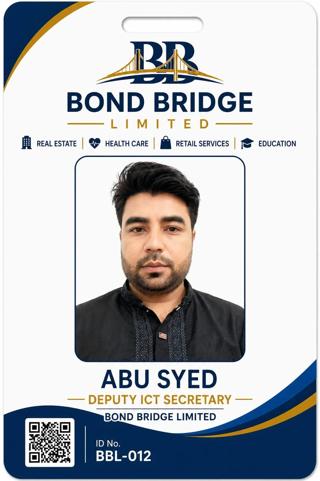 Identification badge for Abu Syed, Deputy ICT Secretary at Bond Bridge Limited, featuring his portrait, logo, and icons for real estate, healthcare, retail services, and education.