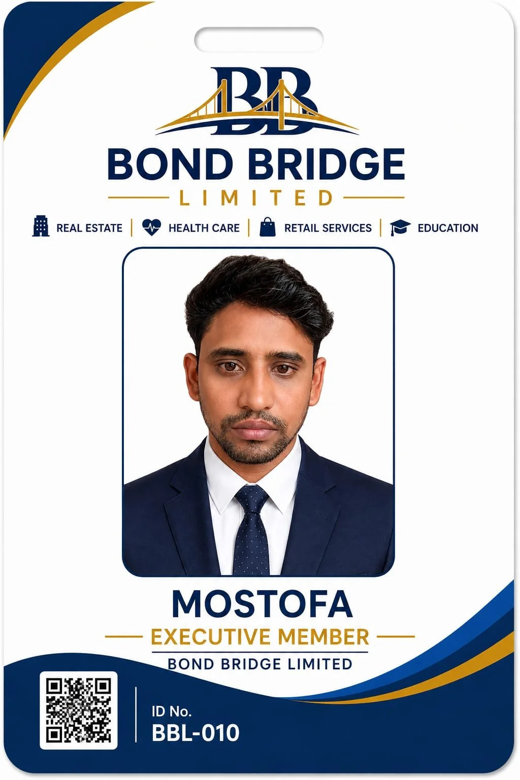 ID badge for Mostofa, an executive member of Bond Bridge Limited, featuring his photo and company logo, with icons indicating business sectors including real estate, healthcare, retail services, and education.