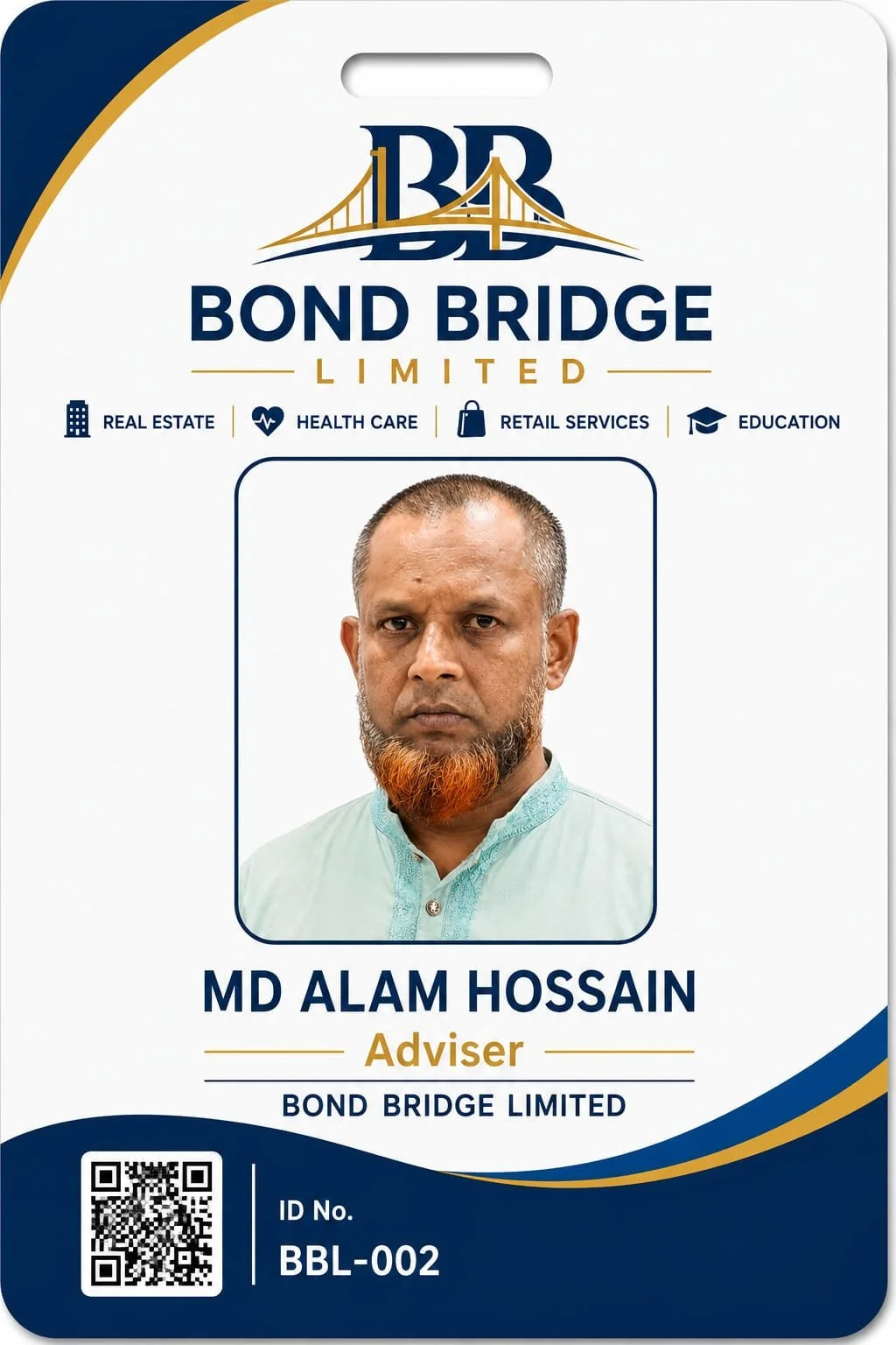 ID badge for MD Alam Hossain from Bond Bridge Limited, with his photograph, name, title as Adviser, and company logo. The badge includes icons for real estate, health care, retail services, and education, a QR code, and speckled gold and blue design elements.