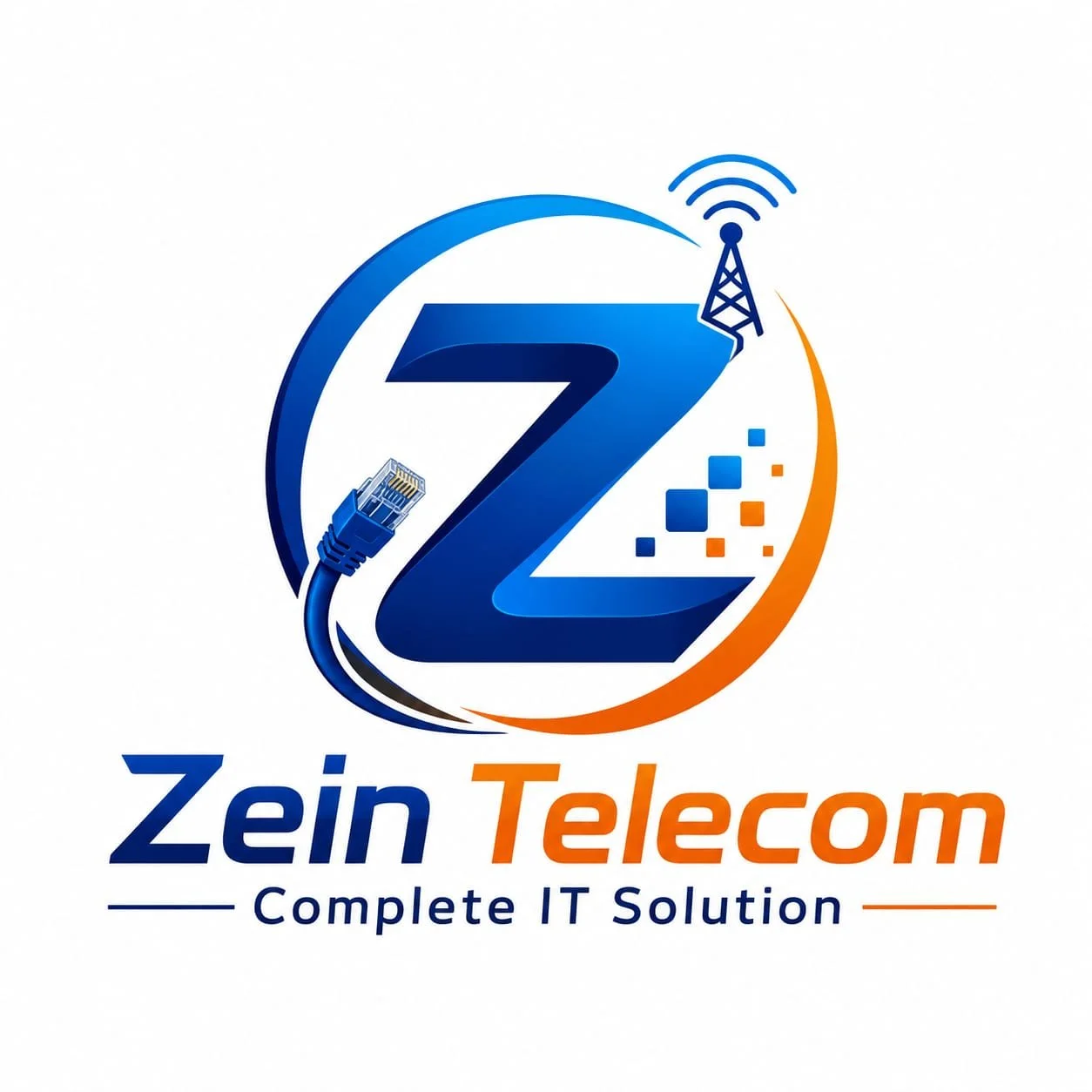Logo for Zein Telecom featuring a blue and orange design with a large number 7, connected to network and fiber optic imagery, and the text "Zein Telecom" with the slogan "Complete IT Solution."