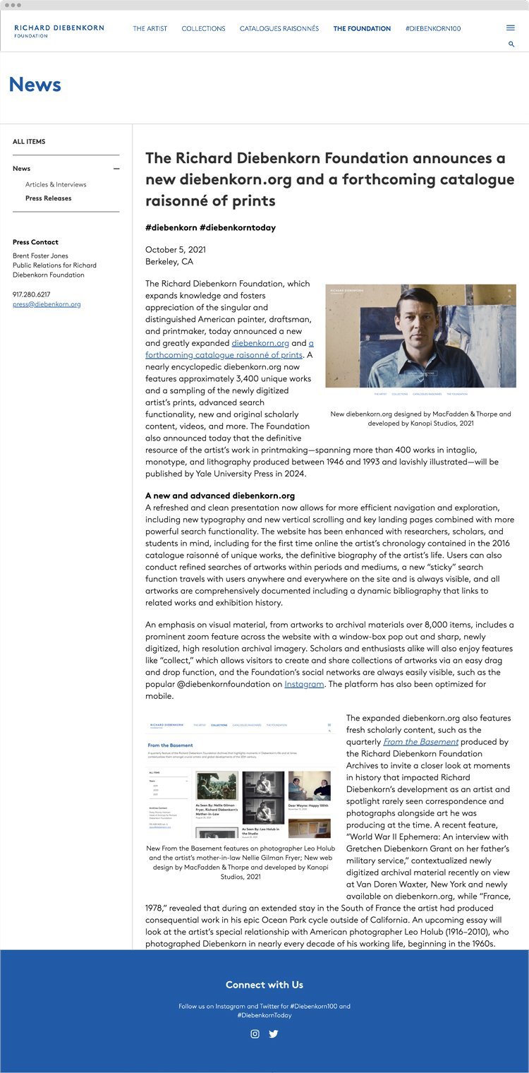 Screenshot of a webpage from the Richard Diebenkorn Foundation announcing a new diebenkorn.org website and upcoming catalog raisonné of prints, dated October 5, 2021, with a portrait of Richard Diebenkorn.