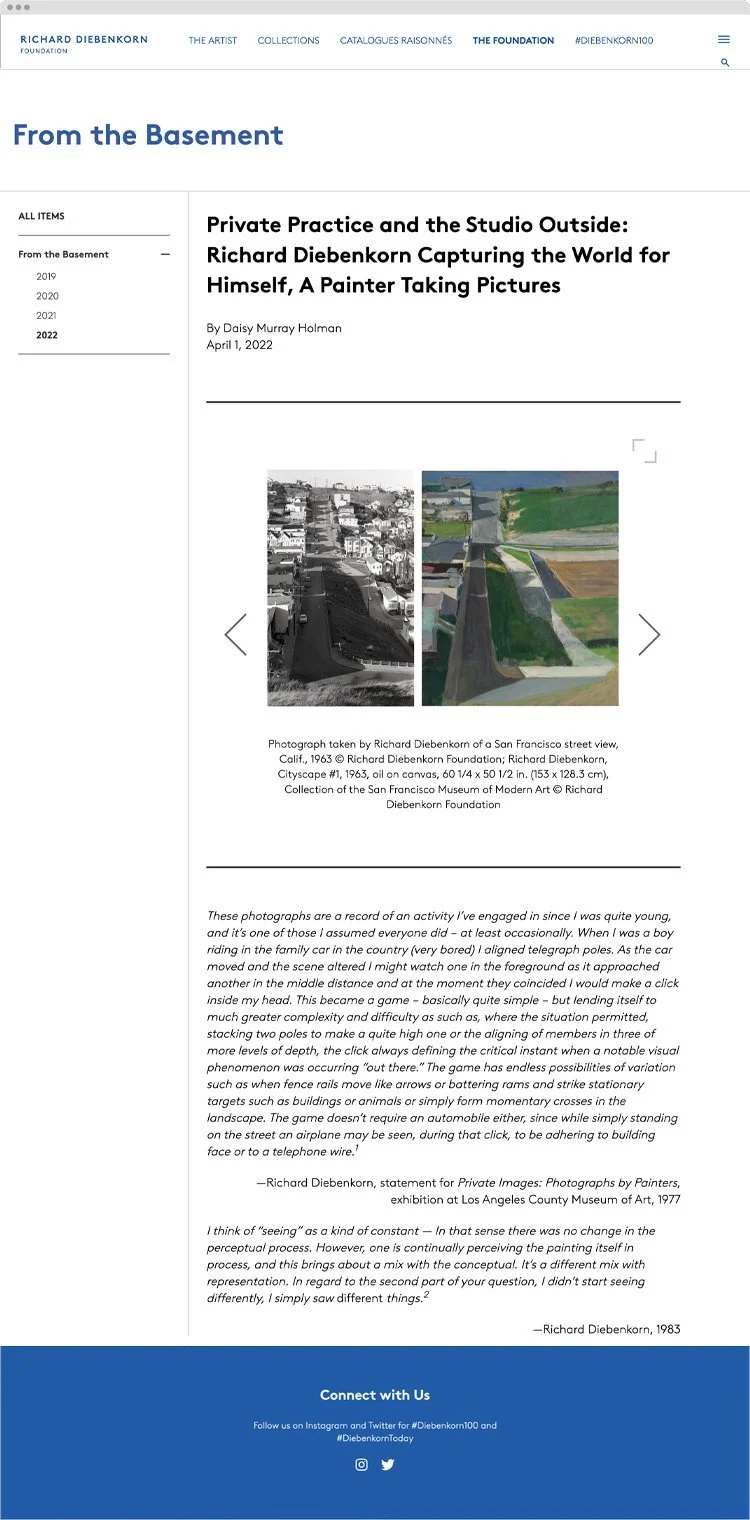 Screenshot of an online article titled 'From the Basement: Private Practice and the Studio Outside: Richard Diebenkorn Capturing the World for Himself, A Painter Taking Pictures' by Daisy Murray Holman. The article features a black and white photograph and a color painting of a street view, both taken by Richard Diebenkorn in California, 1963.