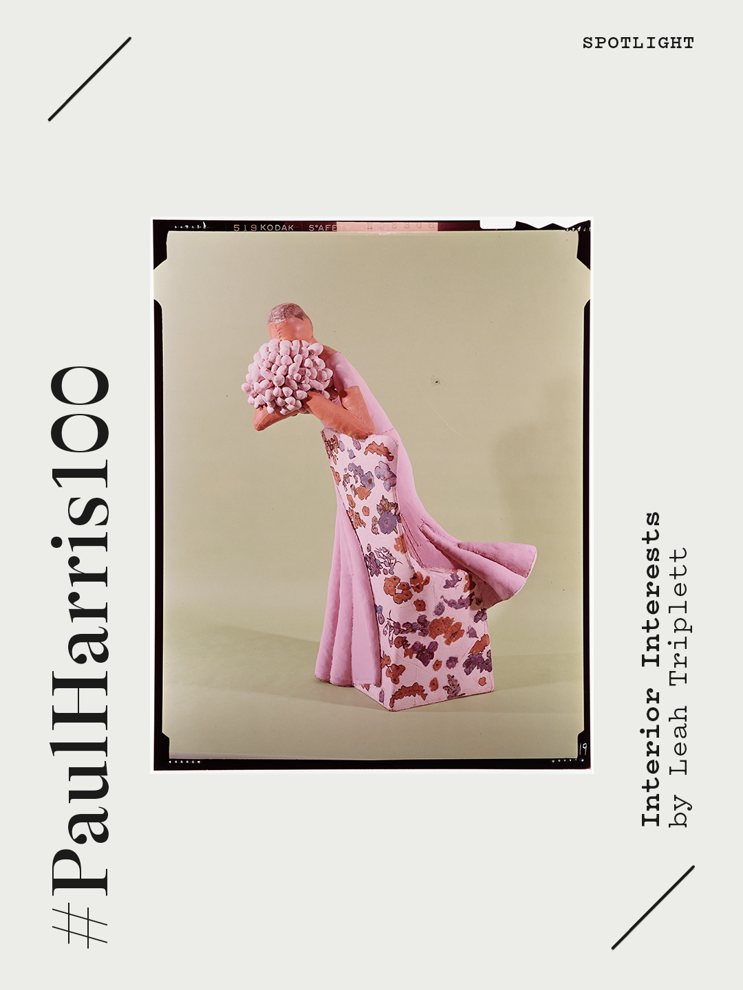 Fashion magazine spread featuring an artistic photograph of a model in a floral pink dress with a large fabric flower covering their face, set against a muted green background.