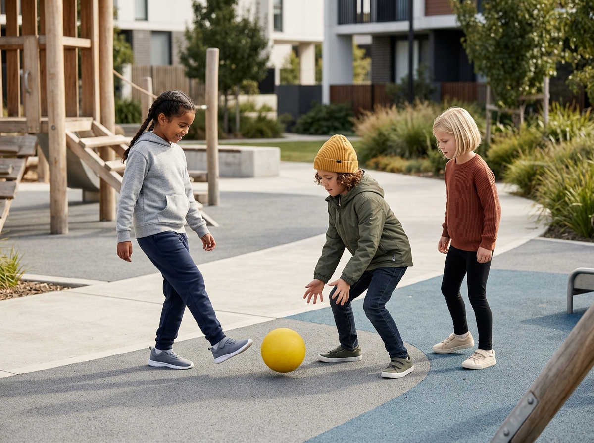 Three children playing with a yellow ball outdoors in a park or playground area during daytime.