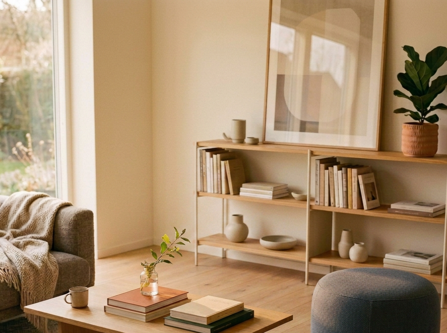 Cozy living room with a gray sofa, blanket, coffee table with books and a glass vase with greenery, wooden bookshelf with books and decorative items, large framed artwork, and a potted plant near a window with natural light.