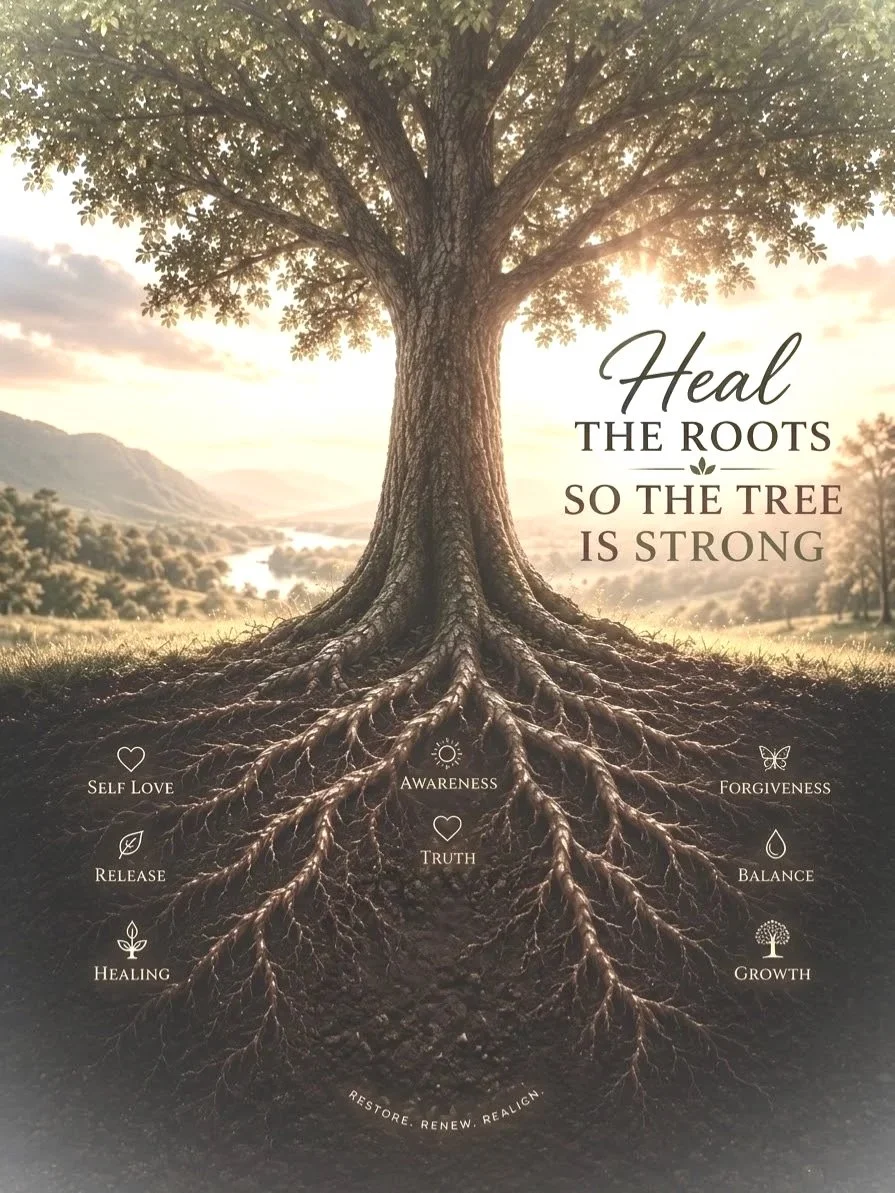 A large tree with visible roots spreads across the ground in a scenic landscape at sunset. Text on the image reads, 'Heal the roots so the tree is strong,' with icons and words indicating self love, release, healing, awareness, truth, forgiveness, balance, and growth, along with the phrase 'Restore, renew, realign.'