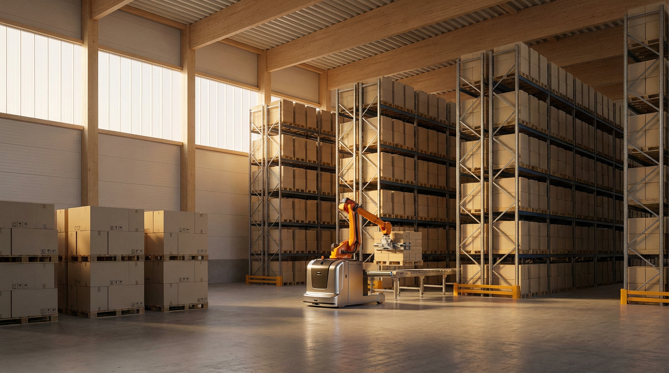 A warehouse with high shelves filled with boxes, and a robotic arm picking up a box.