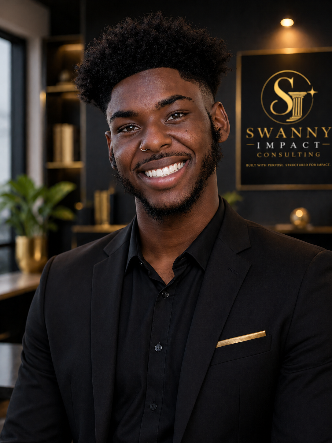 A smiling young man with dark curly hair, wearing a black suit and black shirt, standing in an office with a sign in the background that reads 'SWANNY IMPACT CONSULTING.'