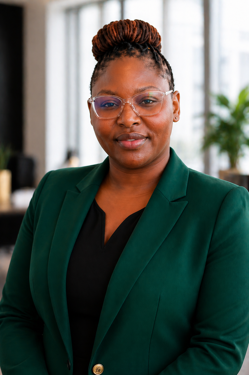 A professional woman with glasses and a braided bun hairstyle, wearing a green blazer over a black top, standing in a well-lit indoor space.