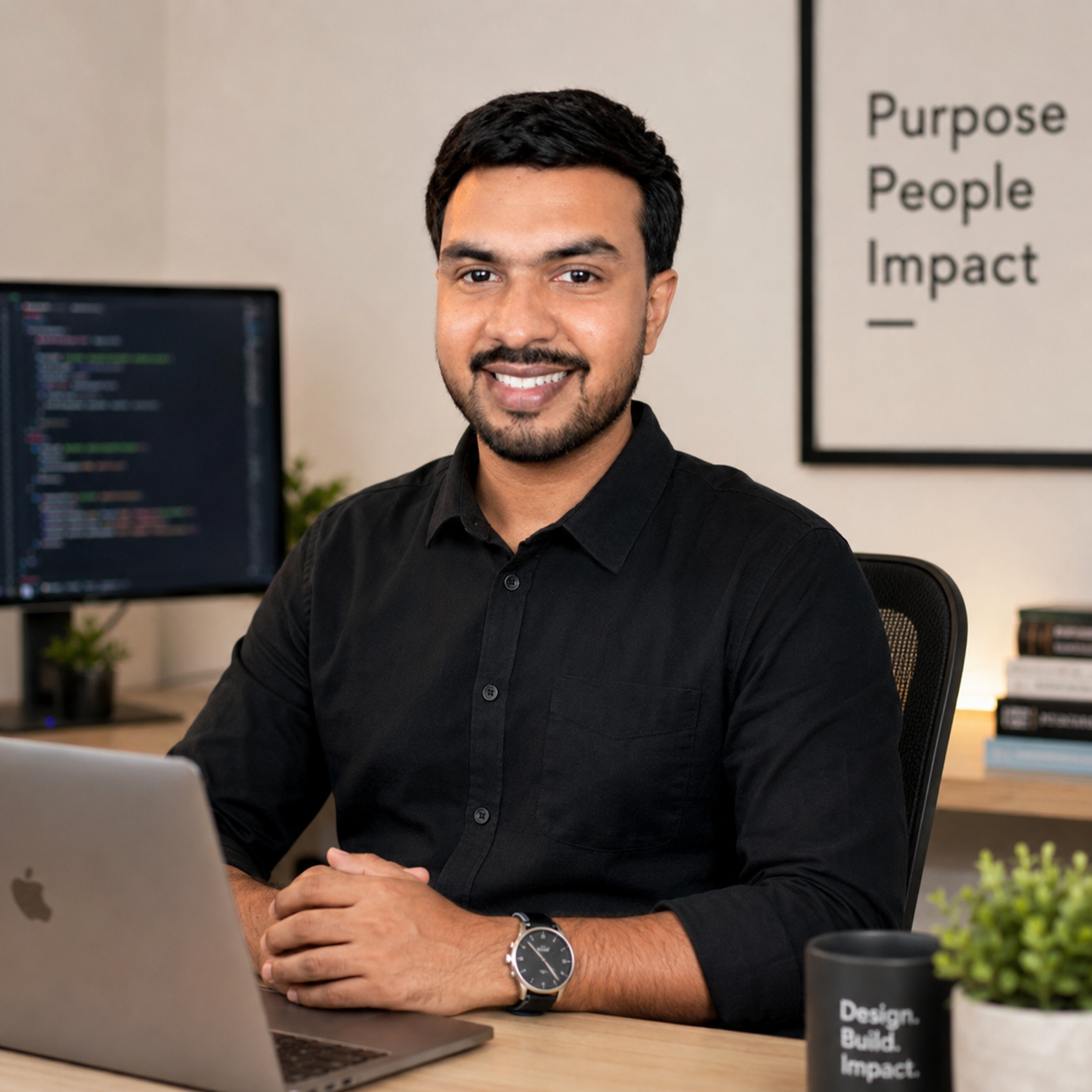 A man with dark hair and beard, wearing a black shirt, sitting at a desk with a laptop. In the background, there is a computer monitor with code and a framed poster that reads "Purpose People Impact." There is also a black mug with white text "Design. Build. Impact." and a small potted plant.