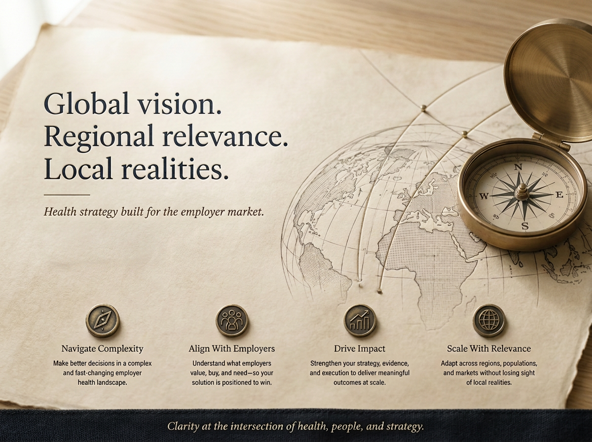 A paper with a world map and a compass on top, featuring text about global vision, regional relevance, and local realities, along with icons representing navigating complexity, aligning with employers, driving impact, and scaling with relevance.