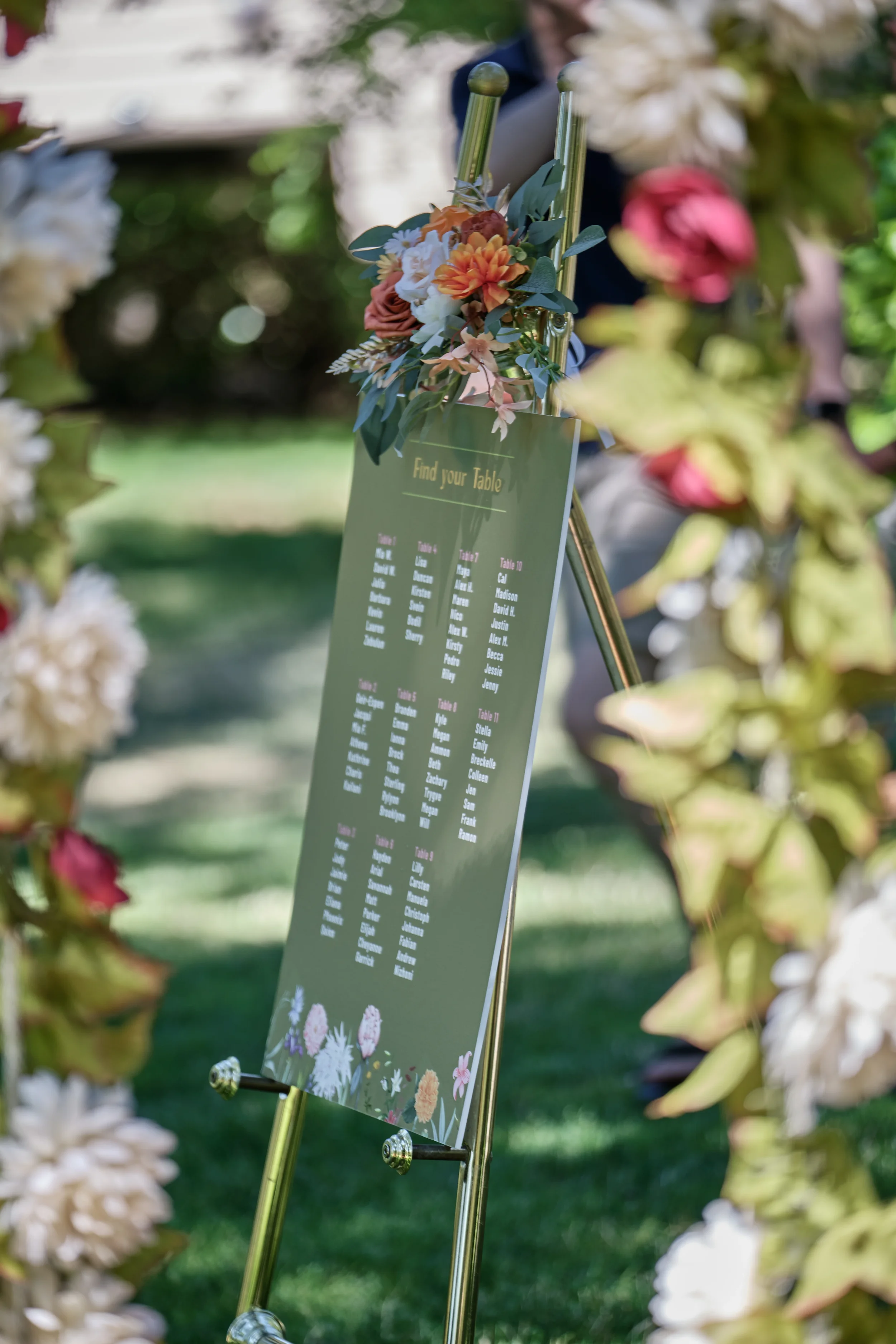 A wedding seating chart board decorated with flowers, with surrounding floral arrangements and greenery on an outdoor lawn.