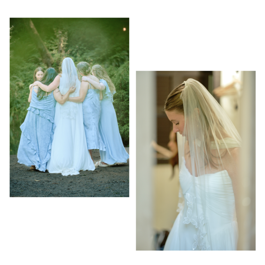 Bride sharing a group hug with her bridesmaids in blue dresses at an outdoor woodland wedding.