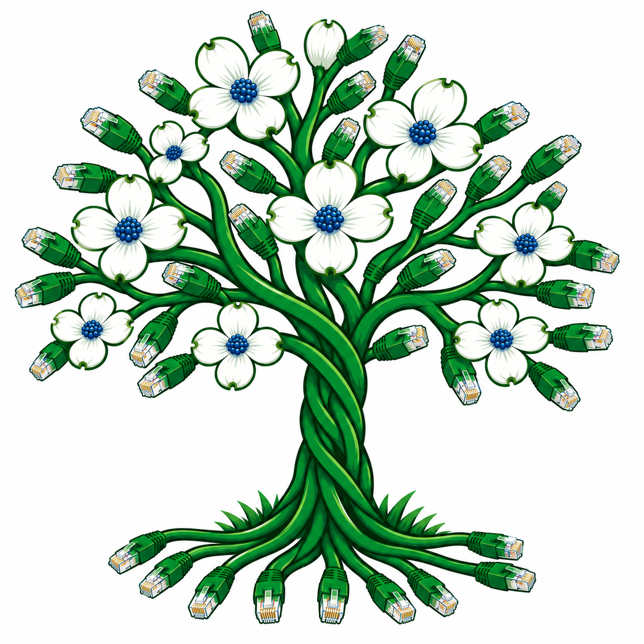 Illustration of a green Ethernet cable tree with RJ45 connectors forming branches, white flowers, and blue centers