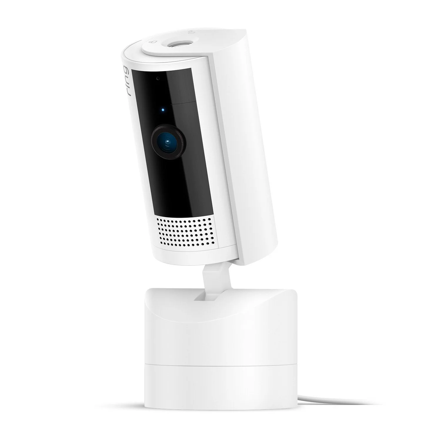 White indoor security camera with a black lens panel, speaker grille, adjustable stand, and power base