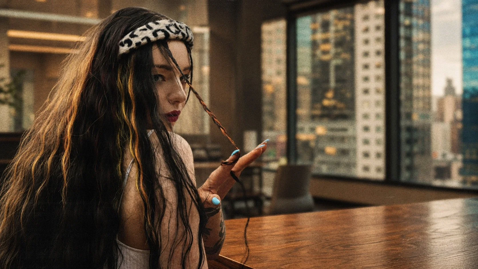 A woman with long wavy black hair with blonde streaks, wearing a leopard print headband, is sitting at a wooden table in a high-rise apartment with large windows showing city skyscrapers. She has dark lipstick, blue nail polish, and tattoos visible on her arm. She is holding a lock of her hair with her right hand.