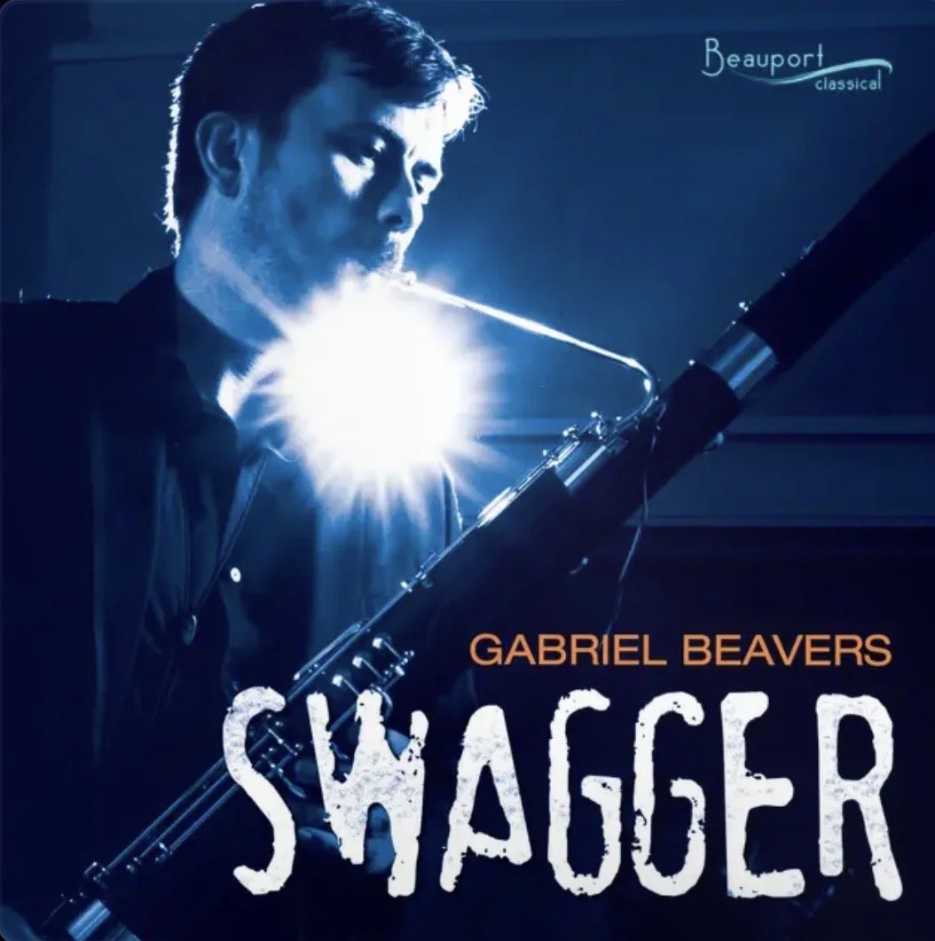 A man playing the piano with a bright light shining from behind him, labeled 'Gabriel Beavers' and 'Shagger,' with the logo 'Beauport Classical' in the top right corner.