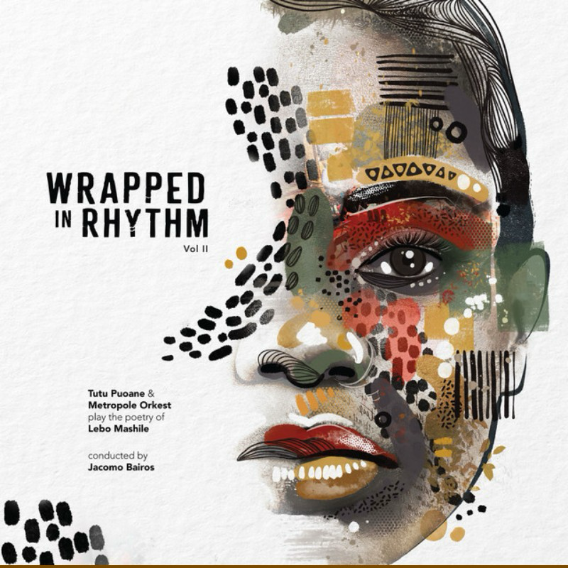 Album cover titled 'Wrapped in Rhythm Vol II' featuring a stylized, abstract portrait of a woman with colorful geometric and brushstroke elements highlighting her eye, nose, and lips.