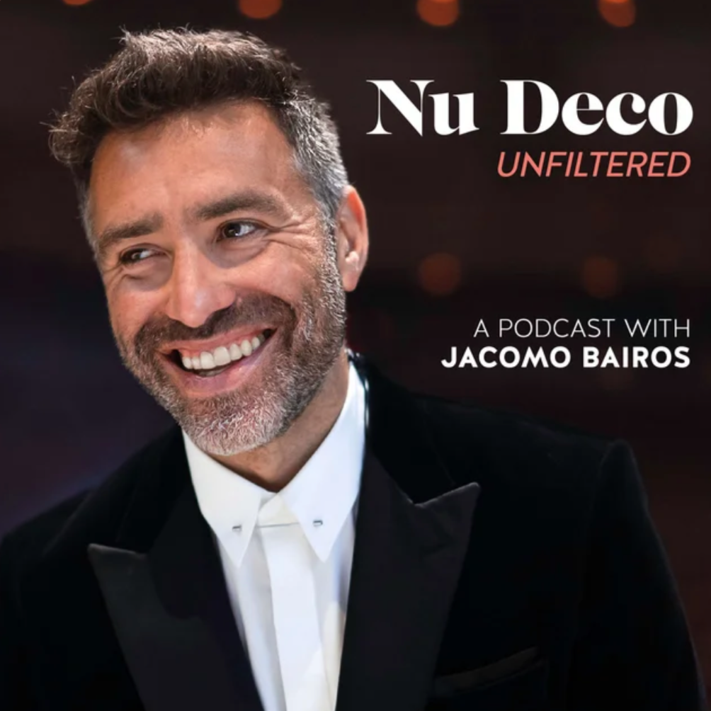 Cover image of the podcast 'Nu Deco Unfiltered' featuring Jacomo Bairos, showing a smiling man with gray hair and a beard, wearing a tuxedo.
