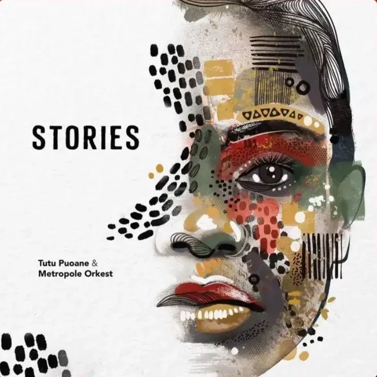 Artistic portrait of a woman's face created with abstract shapes and patterns, with the word 'STORIES' to the left, and text 'Tutu Puoane & Metropole Orkest' beneath.