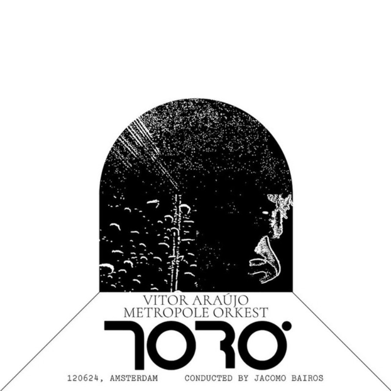 A stylized black and white album cover featuring a profile of a person with an elaborate face mask or makeup, with a starry night background and a cityscape with a tall building. The text indicates the album is by Vitor Araújo, titled "Metropole Orkest 1070," recorded in Amsterdam and conducted by Jacomo Bairos.