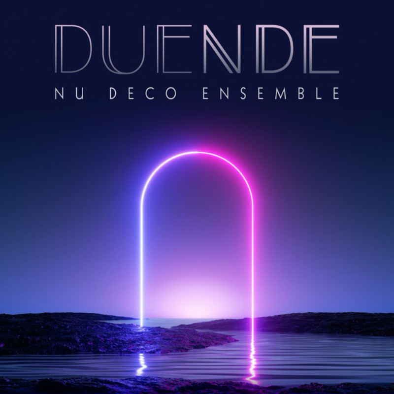 Neon purple arching light above water with the word 'DUENDE' and 'NU DECO ENSEMBLE' written above it.