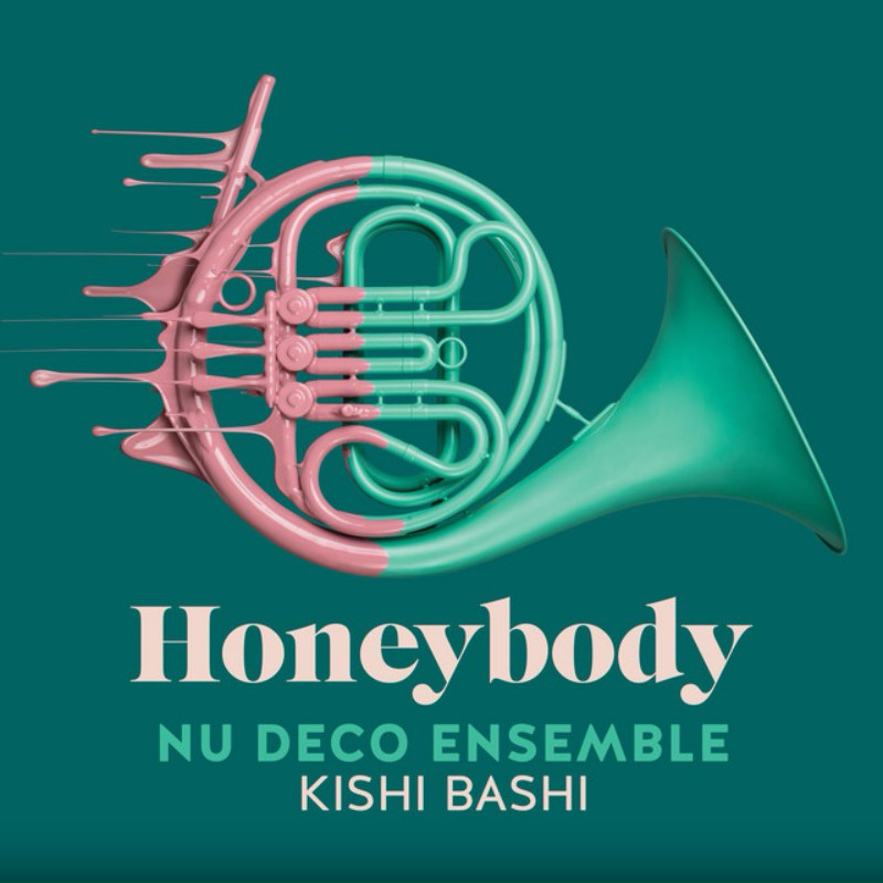 Album cover featuring stylized pink and teal musical instruments forming a honeycomb shape with the title 'Honeybody' and artist 'Kishi Bashi'.