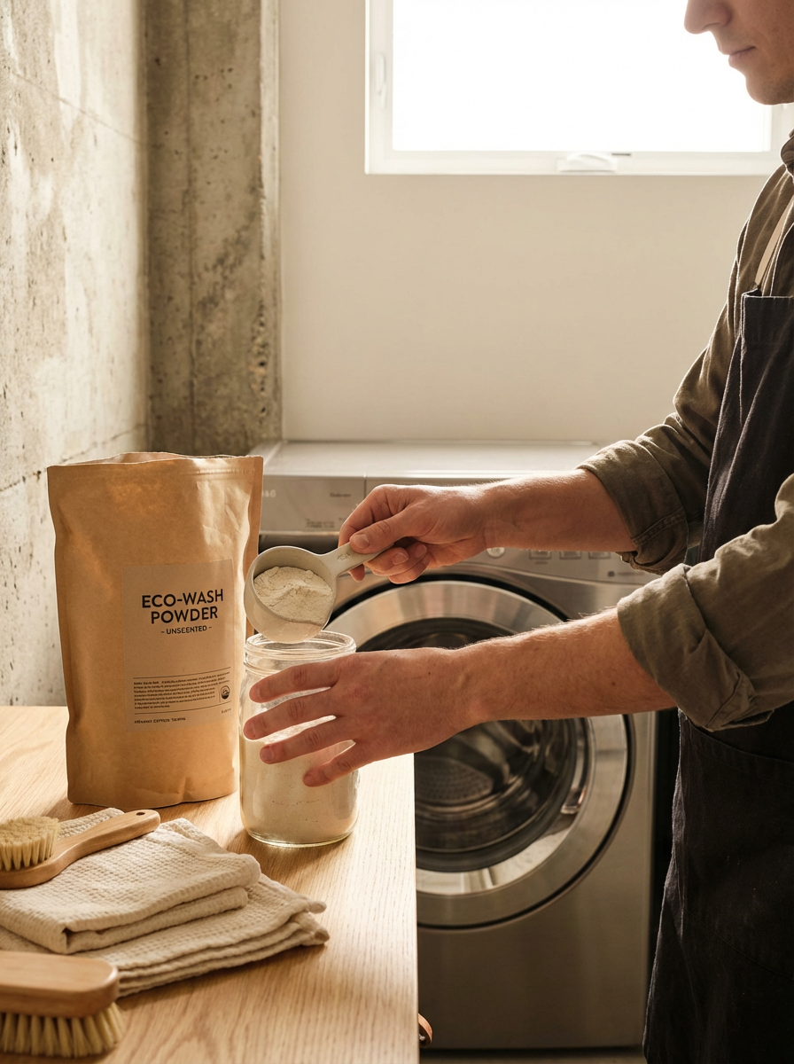 A person pouring eco-wash powder from a scoop into a jar in a laundry room.