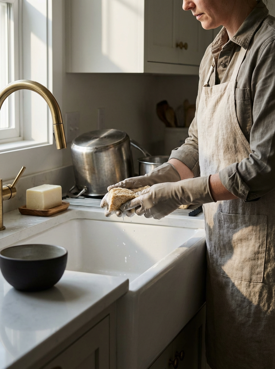 Person washing a sponge in a kitchen sink, wearing gloves and an apron, with sunlight coming through a nearby window.