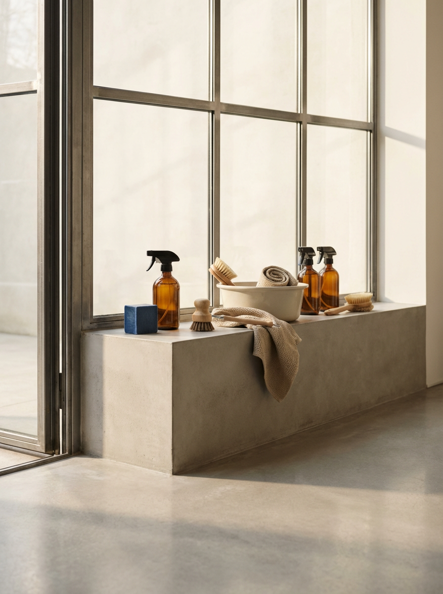 Bathroom windowsill with cleaning supplies, brushes, spray bottles, and a bowl.