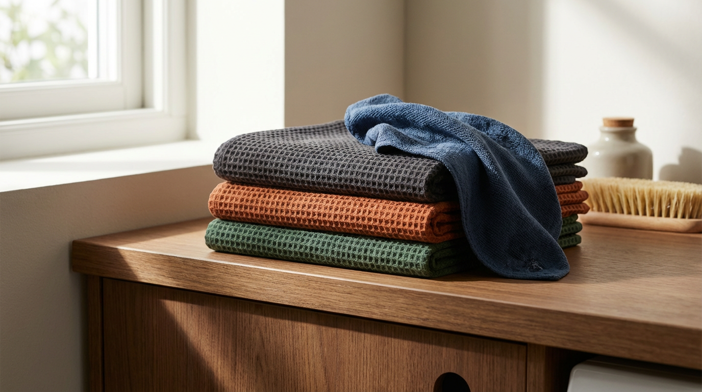 Stacked towels in black, blue, orange, green on a wooden surface near a window.