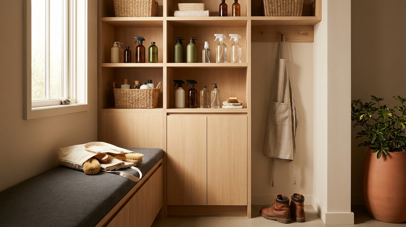 A cozy corner of a laundry or utility room with a beige wooden cabinet filled with various cleaning bottles, a window letting in natural light, a cushioned bench with cleaning tools, and a pair of boots on the floor beside a hanging apron and a large potted plant.