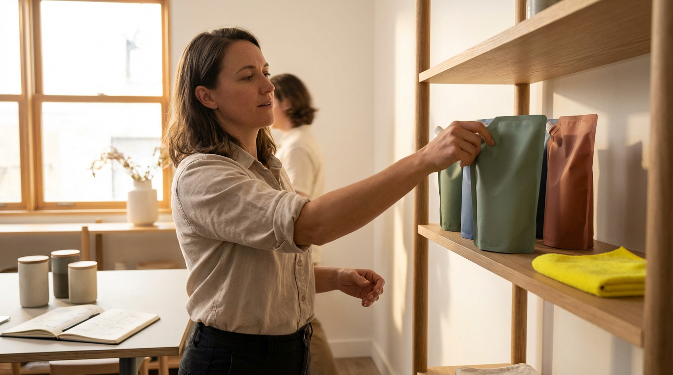 A woman browsing through packaged products on a wooden shelf in a store or boutique. She is reaching for a bag of items, with other similar packages and a yellow cloth on the shelf. Sunlight coming through a window illuminates the scene.