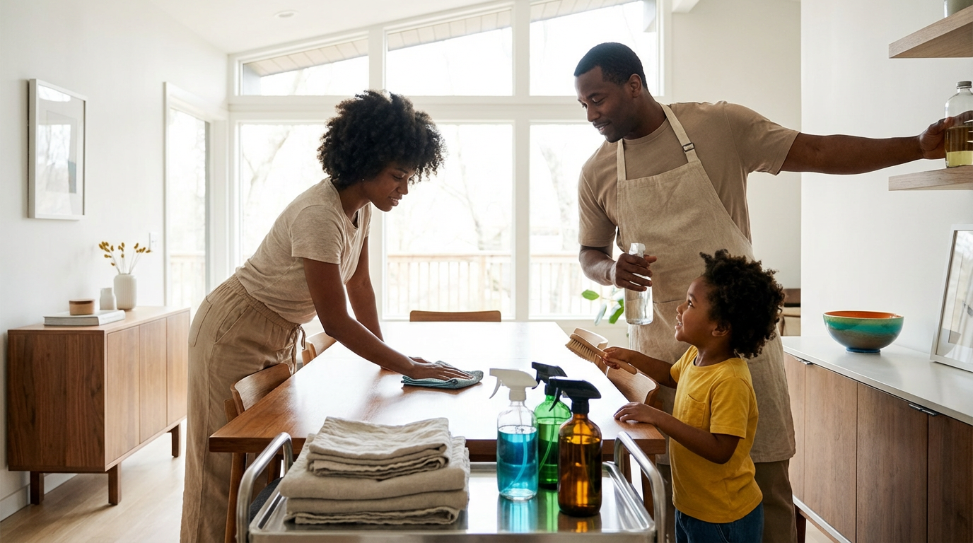 A family of three washing dishes and cleaning the kitchen table in a bright, modern kitchen with large windows.