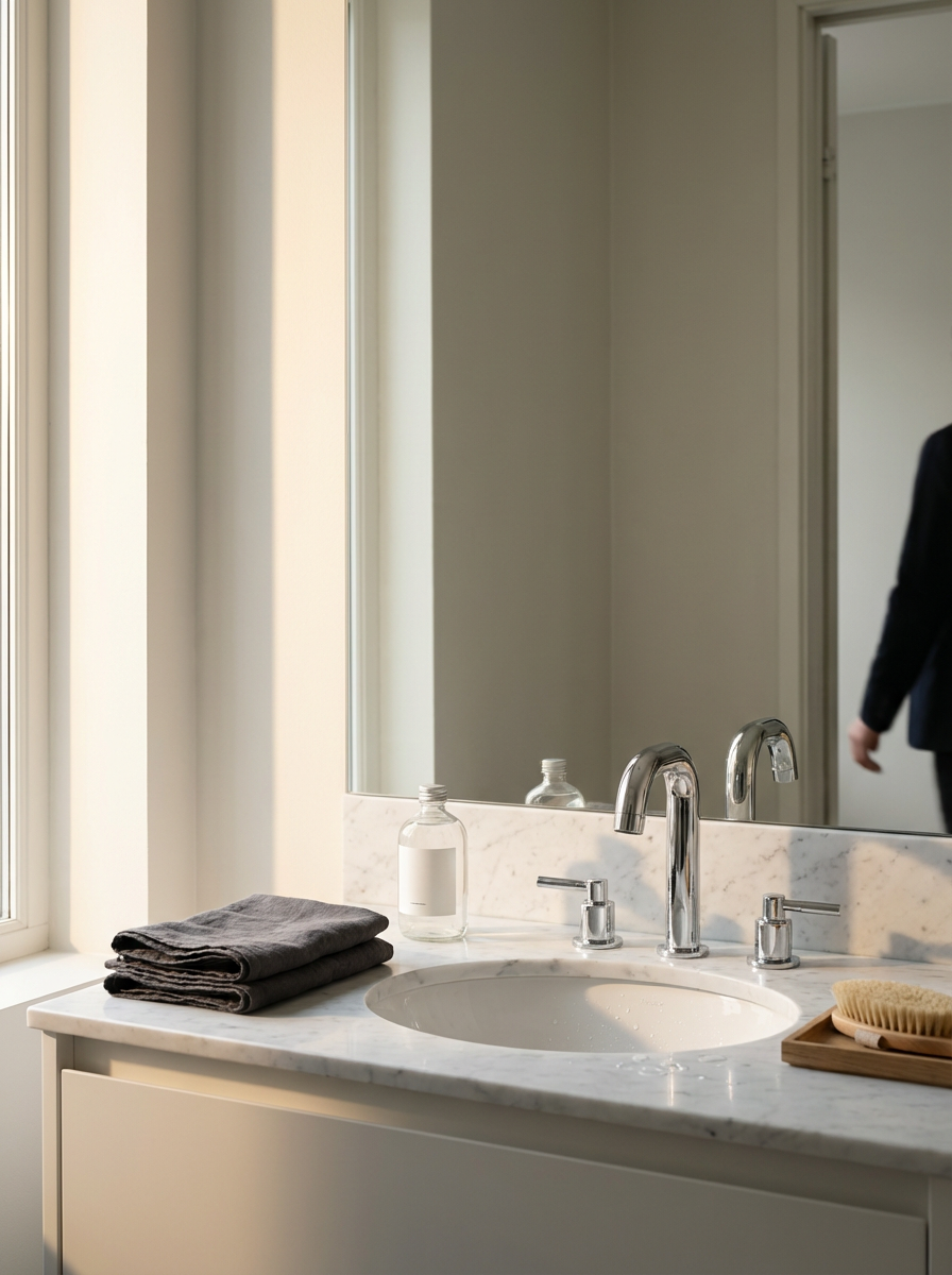 Bathroom sink with a marble countertop, a mirror, a liquid soap dispenser, two black folded towels, and a brush on a wooden tray, with natural light coming through a window.