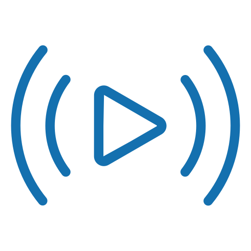Play button icon with sound waves on a black background.
