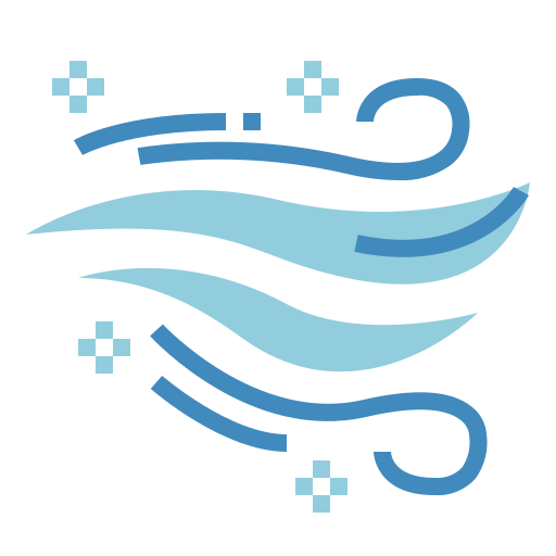 Stylized depiction of wind or air movement with flowing lines, small plus signs, and curved shapes in shades of blue.