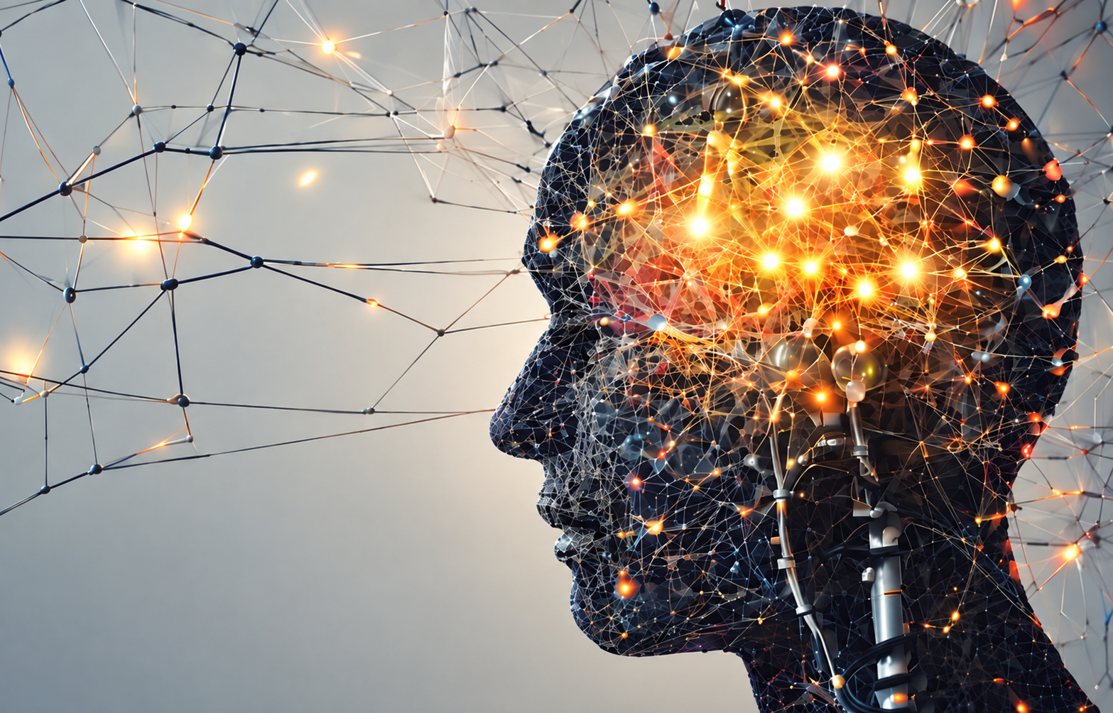 Digital rendering of a human head in profile with a neural network of interconnected nodes and glowing points representing artificial intelligence or technology.